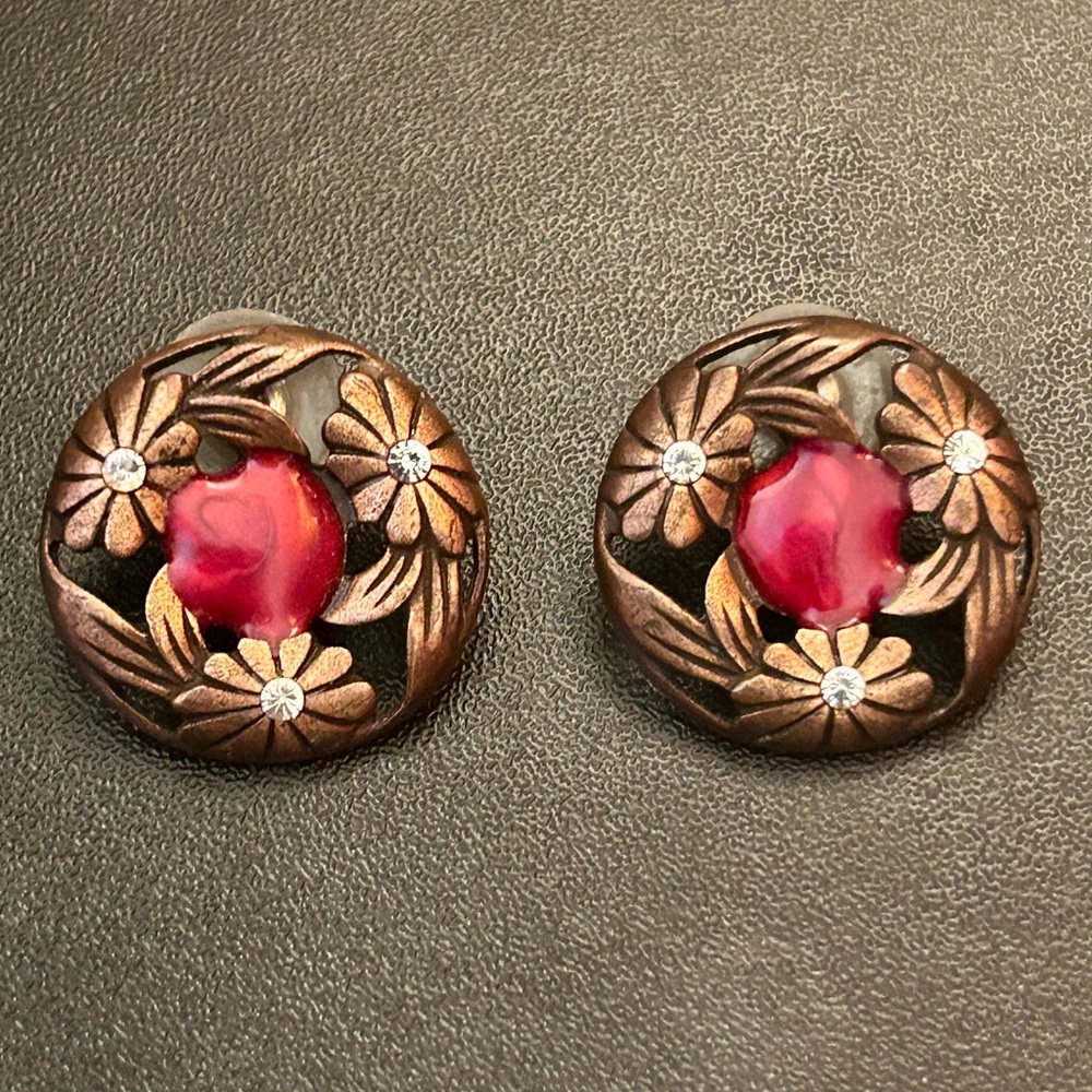 Floral Rhinestone Earrings Vintage Inspired Red Cabochon Round Copper Stud